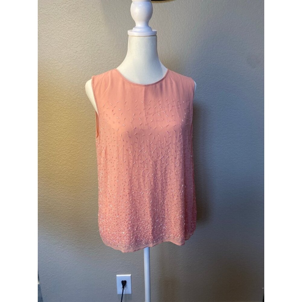 Talbots Pink Orange Salmon Sequined Sleeveless Silk Blouse Size 12 Petite